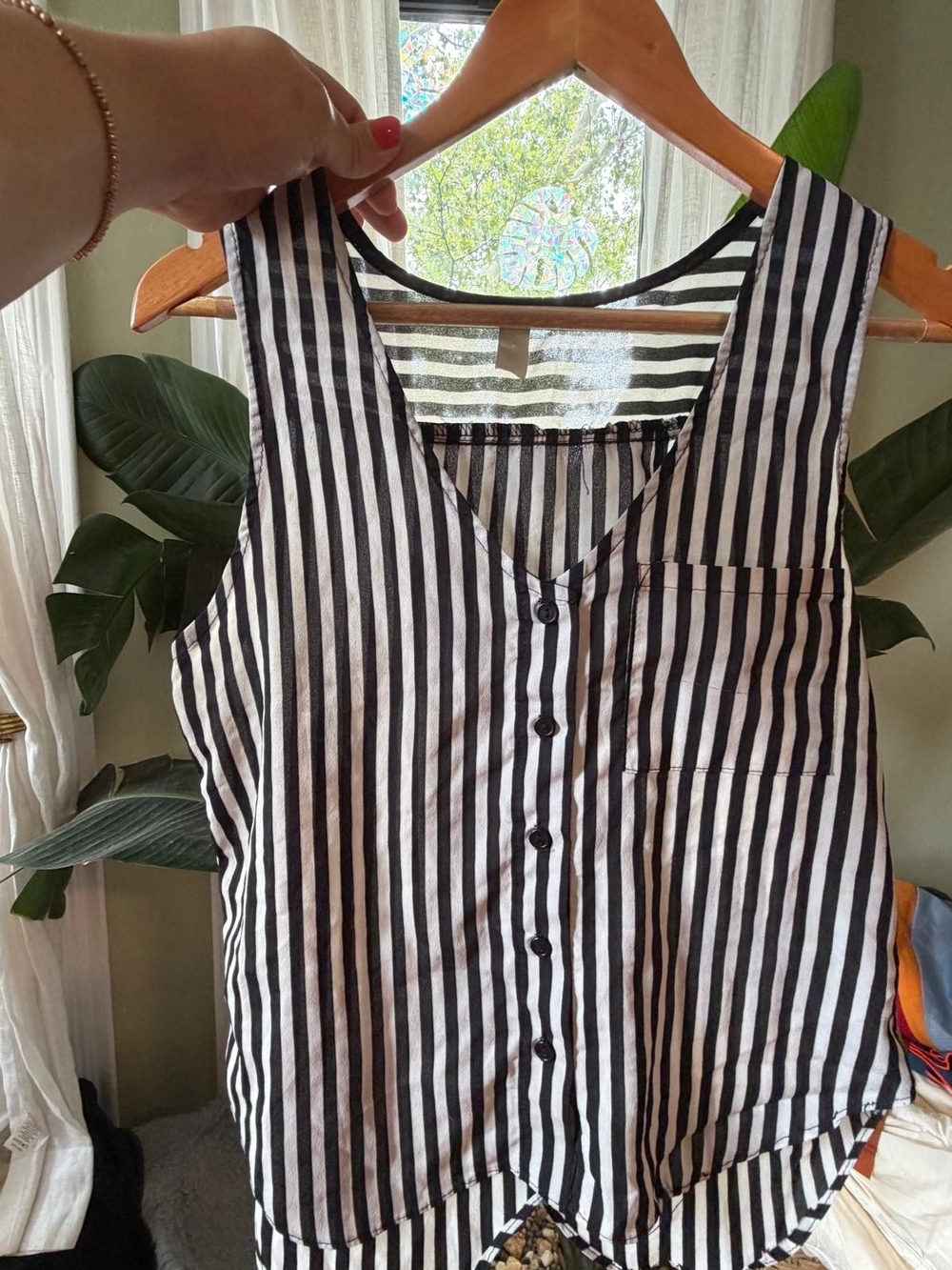 Striped Black & White Button-Front Sleeveless Top